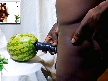 Intense pussy play with appealing watermelons: A solo teen's wet pussy pounding and sharing with a cissified friend.