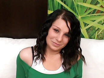 Raven-haired nubile makes her unexperienced pornography debut